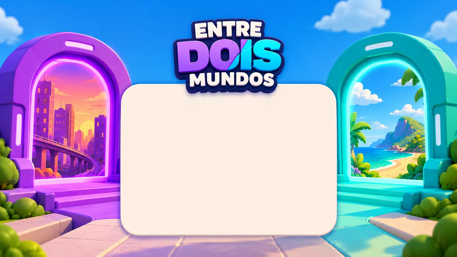 Um portal roxo, que dá para uma cidade ao pôr do sol, e um turquesa, que dá para uma praia.